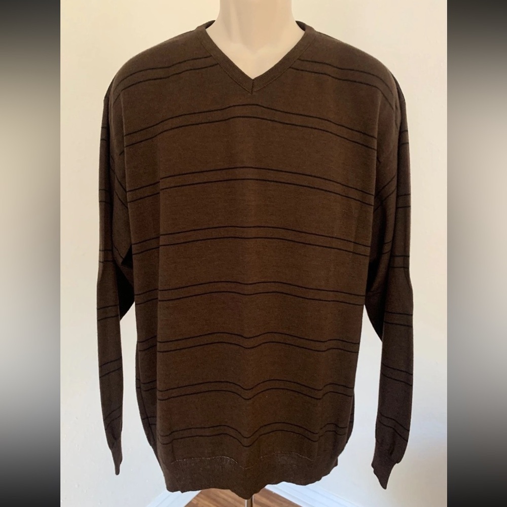 PARIENTI L’UOMO Mens V-Neck Brown Striped Knit Sweater Top Blouse Italy Sz XL